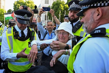 Agentes de policía detenían el día 9 a una manifestante de 89 años durante la protesta en Londres contra la prohibición de Acción Palestina.