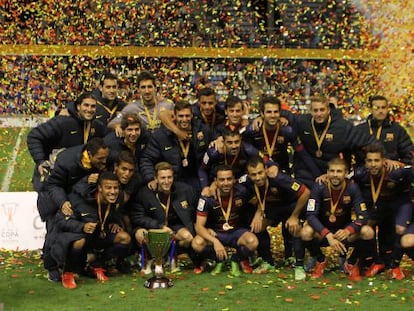 El Barça celebra el triunfo ante el Espanyol.