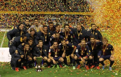 El Barça celebra el triunfo ante el Espanyol.