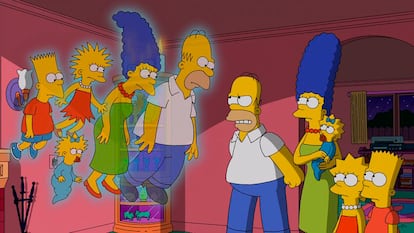 The ghosts of the first Simpsons versus the current characters, in an image from the popular TV series.