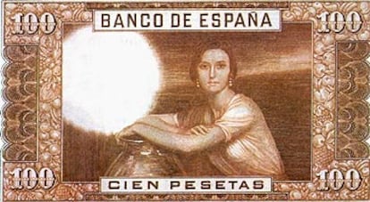 Repruduccón de un antiguo billete de cien pesetas en el que aparece el cuadro <i>La chiquita piconera</i>.