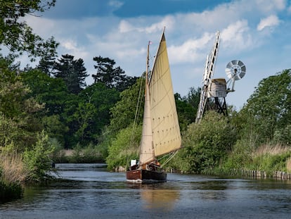 A sailboat navigates the River Ant, in The Broads National Park, in the county of Norfolk (United Kingdom).