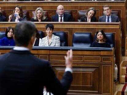 Pedro Sánchez se dirigía desde su escaño a Alberto Núñez Feijóo el 28 de febrero en la sesión de control al Gobierno en el Congreso.