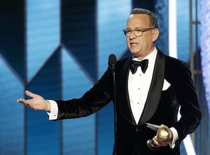 Tom Hanks durante su discurso de aceptación del premio honorífico Cecil B. DeMille en la gala de los Globos de Oro.