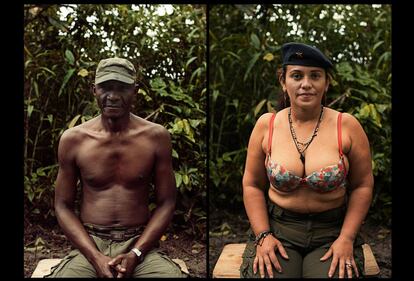 Ezequiel es uno de los más veteranos del campamento. Tiene 56 años e ingresó en las FARC en 1989. Una cicatriz de un accidente, antes de ser guerrillero, le acompaña cerca de la boca. Después de casi tres décadas en la guerra, ahora piensa en dedicarse exclusivamente a la agricultura, a cultivar caña y yuca. Quién no quiere tampoco oír hablar de una ciudad es Yudi, de 34 años y 18 en las FARC. Le apasionan los animales, que le acompañan a todos lados. Cuando se incorpore a la vida de civil le gustaría estudiar Veterinaria.