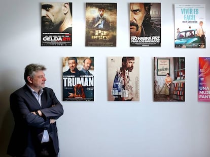 El director general de Crea SGR, Rafael Lambea, ante los carteles de varias películas avaladas por la entidad.