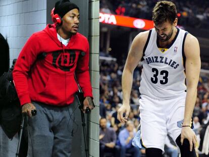 Rose, con muletas y Marc Gasol, tras lesionarse