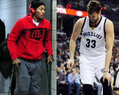 Rose, con muletas y Marc Gasol, tras lesionarse