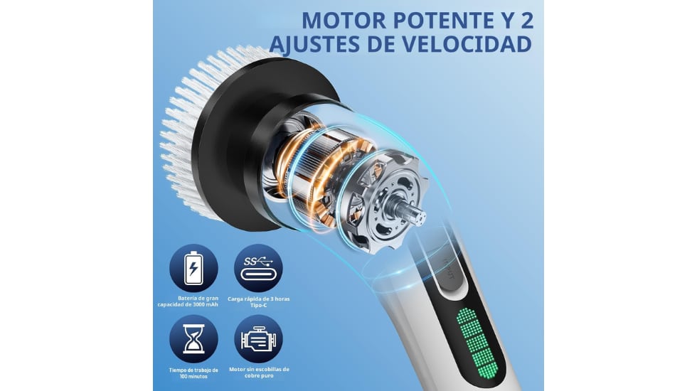 El cepillo de limpieza eléctrico es potente y cuenta con dos velocidades.