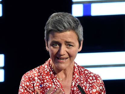 La comisaria Margrethe Vestager, en un debate de las elecciones al Parlamento Europeo.