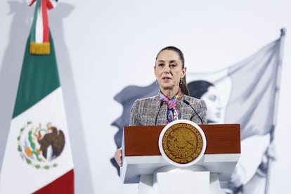 Claudia Sheinbaum en la conferencia de prensa matutina de este 21 de febrero, en Ciudad de México.