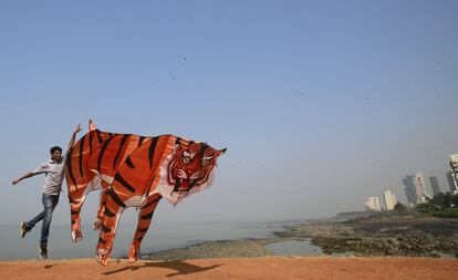 Un participante durante el Festival Internacional de Cometas en Bombay (India).