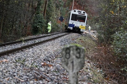 Un tren Feve ha descarrilado a la altura de Covas (Lugo) debido a la caída de un árbol provocada por el temporal de viento y lluvia que azota a Galicia. Ni los pasajeros ni la tripulación han sufrido daños.