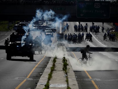 Law enforcement deploys tear gas and smoke canisters during a rally against the death in Minneapolis police custody of George Floyd, in Philadelphia, Pennsylvania, on June 1, 2020.