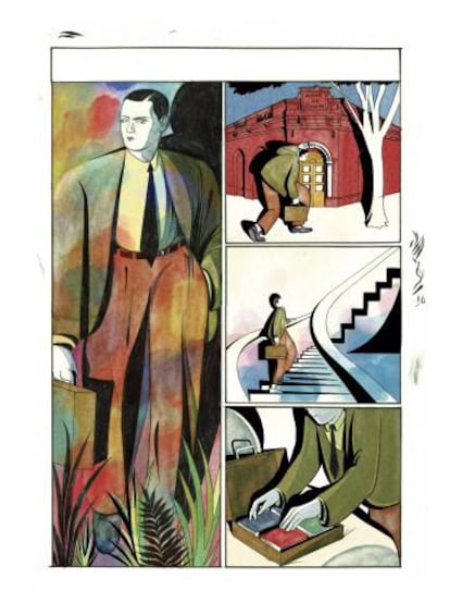 Una de las páginas del primer cómic biográfico de Cortazar, de Marchamalo y Torices.
