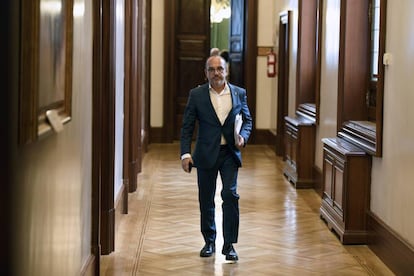 El portavoz del PDeCAT, Carles Campuzano, a la salida de la reunión de la Junta de Portavoces del Congreso de los Diputados esta mañana.