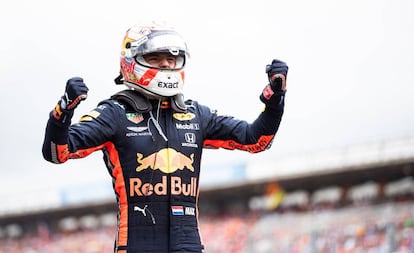 Verstappen celebra su victoria en el GP de Alemania.