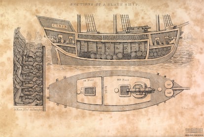 A drawing published in London, depicting sections of a Brazilian slave ship, in 1830. 