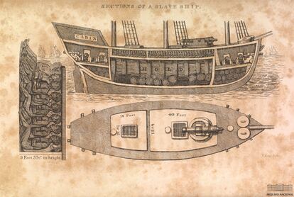 A drawing published in London, depicting sections of a Brazilian slave ship, in 1830. 