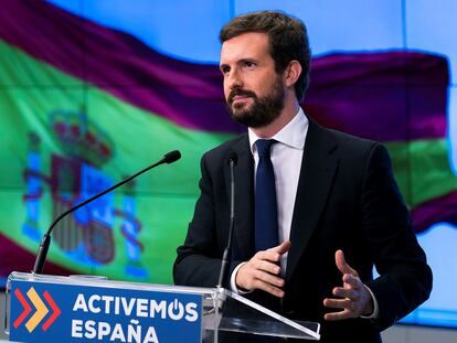 El presidente del Partido Popular, Pablo Casado, pronuncia unas palabras mientras preside la reunión del Comité Ejecutivo Nacional del partido, en la sede de la formación política, este martes, en Madrid.