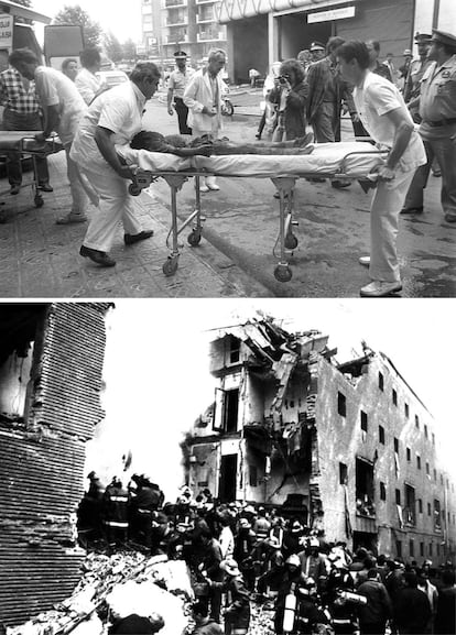 En la imagen superior, la evacuación de uno de los niños muertos el 19 de junio de 1987 en el atentado de ETA en Hipercor (Barcelona). Abajo, imágenes del atentado contra la casa cuartel de Zaragoza, el 11 de diciembre de 1987