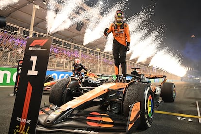 JEDDAH, SAUDI ARABIA - APRIL 20: Race winner Oscar Piastri of Australia and McLaren celebrates on arrival in parc ferme during the F1 Grand Prix of Saudi Arabia at Jeddah Corniche Circuit on April 20, 2025 in Jeddah, Saudi Arabia. (Photo by Mark Sutton - Formula 1/Formula 1 via Getty Images)