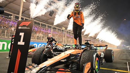 JEDDAH, SAUDI ARABIA - APRIL 20: Race winner Oscar Piastri of Australia and McLaren celebrates on arrival in parc ferme during the F1 Grand Prix of Saudi Arabia at Jeddah Corniche Circuit on April 20, 2025 in Jeddah, Saudi Arabia. (Photo by Mark Sutton - Formula 1/Formula 1 via Getty Images)