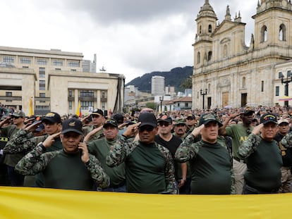 Retired military and police officers protest against the Colombian President's government, in Bogotá, on May 10, 2023.