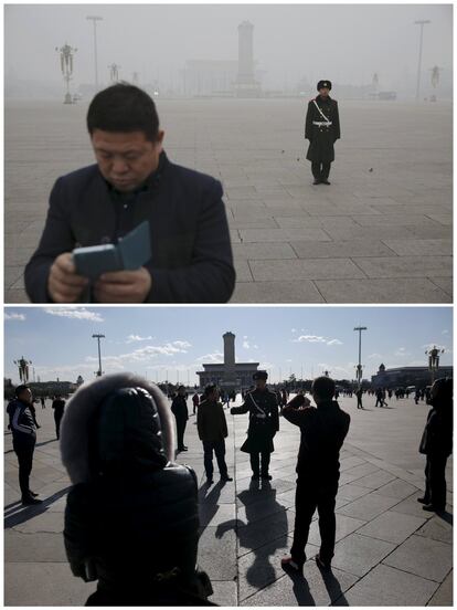 A combination photo shows visitors standing next to a paramilitary policeman as they visit the Tiananmen Square on a smoggy day on December 1, 2015 (top), and on a sunny day on December 2, 2015 (bottom), after a fresh cold front cleared the smog that was blanketing Beijing, China. REUTERS/Damir Sagolj