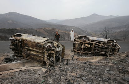 Varios hombres junto a vehículos quemados tras un incendio forestal en Bejaia, Argelia.