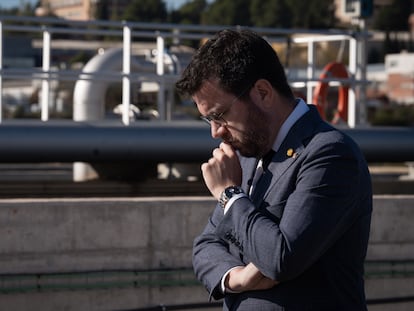 El presidente de la Generalitat, Pere Aragonès, durante la inauguración de la ampliación y remodelación de la estación depuradora de Rubí (Barcelona), este viernes.