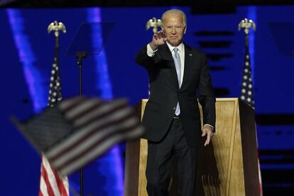 Joe Biden al terminar su discurso de esta noche en Wilmington.