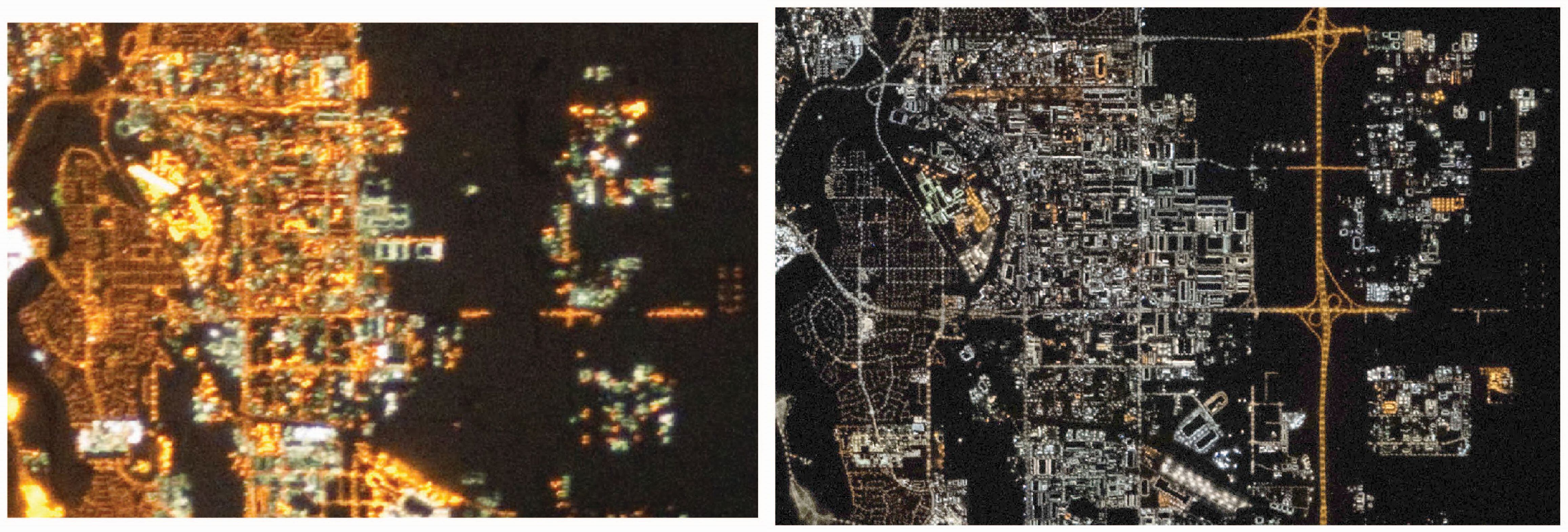 A la izquierda, imagen del este de Calgary (Canadá) tomada por los astronautas de la Estación Espacial Internacional en 2010. A la derecha, la misma zona en 2021. El cambio del ámbar al azul se debe al despliegue de la iluminación exterior con tecnología LED.