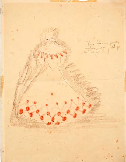 Los dibujos de Federico García Lorca para "La Zapatera Prodigiosa" (1930), a subasta. Inscripción del autor: "Traje blanco con grandes madroños rojos y dibujos en tela roja".