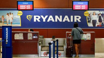 Ryanair counter at the El Prat airport in Barcelona.