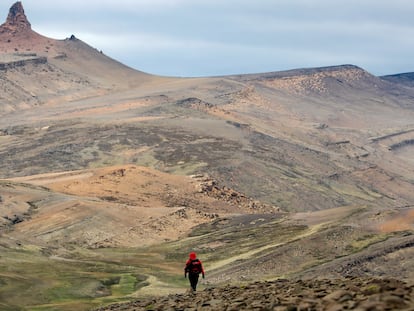 Un hombre camina en el Parque Nacional Torres del Paine, en la Patagonia de Chile.