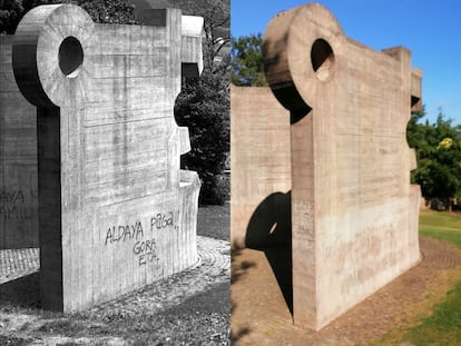 A la izquierda, pintada en 1995 en una escultura de Chillida en Gernika exigiendo a la familia del empresario José María Aldaya que pagase el rescate de su secuestro. A la derecha, la escultura en la actualidad. En vídeo, entrevista al empresario Miguel Lazpiur, que fue presidente de la patronal vasca Confebask. FOTOS: LUIS ALBERTO GARCÍA y FERNANDO DOMINGO-ALDAMA  | VÍDEO: JAVIER HERNÁDEZ