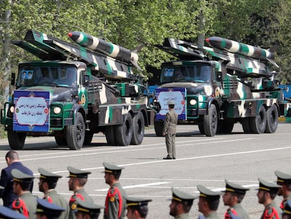 Iranian medium range missiles 'Nazeat' are displayed during the annual Army Day celebration at a military base in Tehran, Iran, on April 17, 2024.