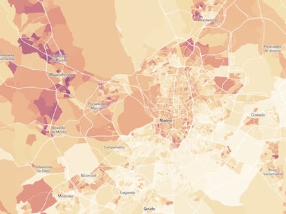 Fragmento del mapa de la Comunidad de Madrid con los lugares donde residen ms ciudadanos de origen argentino. Cuanto ms oscuro el color, ms argentinos viven en cada seccin censal. 