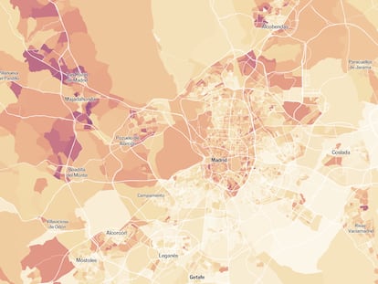 Fragmento del mapa de la Comunidad de Madrid con los lugares donde residen más ciudadanos de origen argentino. Cuanto más oscuro el color, más argentinos viven en cada sección censal.