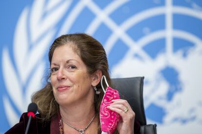 Stephanie Williams, representante de la ONU en Libia, durante la conferencia de prensa celebrada en Ginebra este miércoles, donde anunció los acuerdos alcanzados por las partes rivales libias.