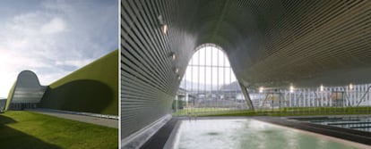 Exterior e interior del Centro Deportivo y de Ocio, en Langreo (Asturias).