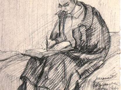 Preso escribiendo en un cuaderno en la prisión de Carabanchel (Madrid), 1944, dibujo de José Manaut Viglietti.