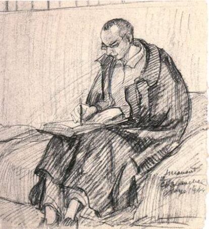 Preso escribiendo en un cuaderno en la prisión de Carabanchel (Madrid), 1944, dibujo de José Manaut Viglietti.