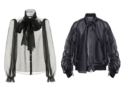 En Dolce & Gabbana (izda.) apuestan por un modelo clásico en organza de seda negra, con volúmenes en las mangas (645€ en Net-a-porter.com). Por su parte, desde Marina Rinaldi innovan con una chaqueta bomber (445€).