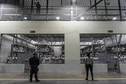 An exterior view of two cells full of inmates at the prison.