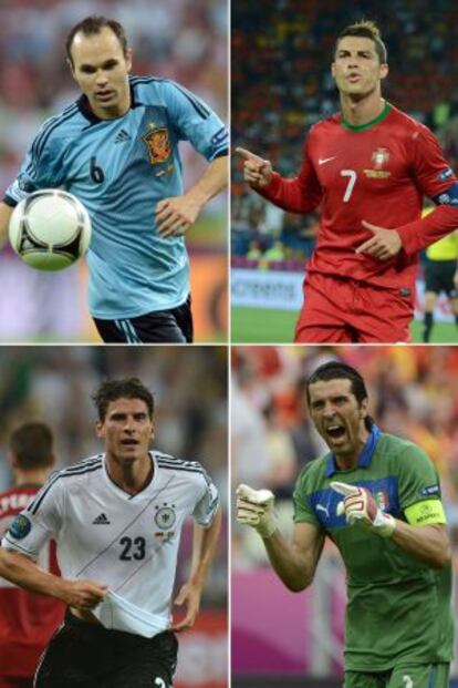 Iniesta, Cristiano Ronaldo, Mario Gómez y Buffon.