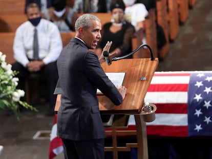 Obama, durante su discurso en el funeral del congresista John Lewis, en Atlanta.