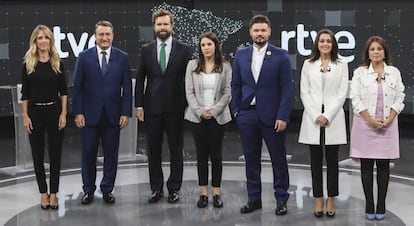 The seven party spokespersons who took part in a live TV debate on Friday. From left: Cayetana Álvarez de Toledo (PP), Aitor Esteban (PNV), Iván Espinosa de los Monteros (Vox), Irene Montero (Podemos), Gabriel Rufián (ERC), Inés Arrimadas (Ciudadanos) and Adriana Lastra (PSOE).