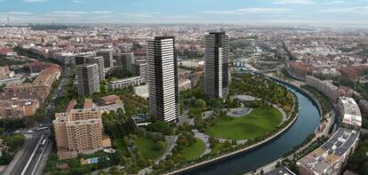 Proyección municipal del ámbito urbanístico del Calderón, que incluye dos rascacielos de 36 pisos junto al río Manzanares.